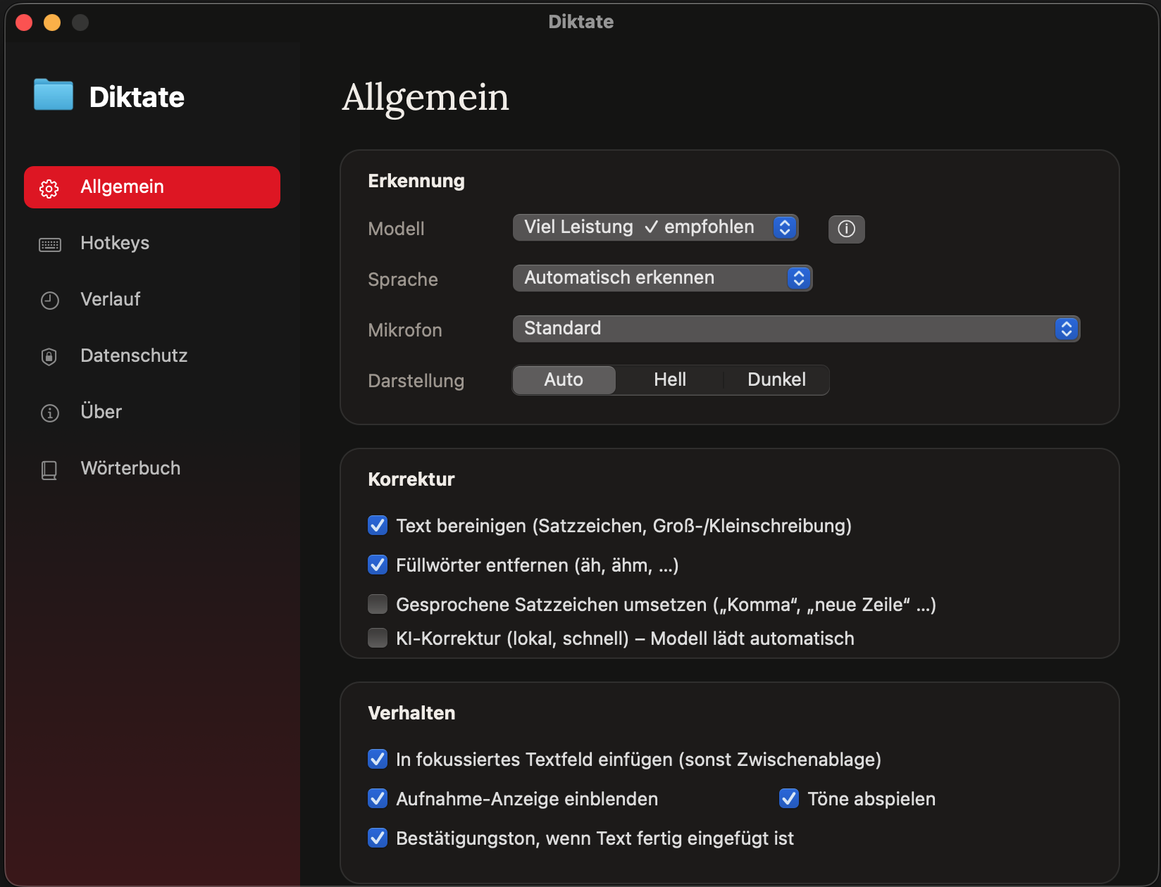 Diktate, Einstellungen (Allgemein)